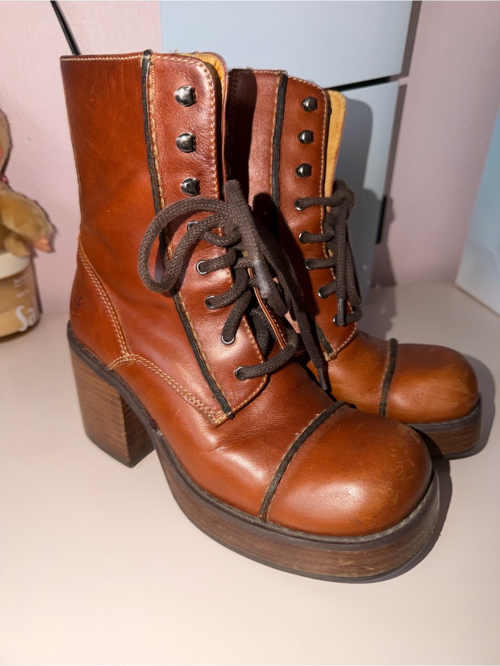 Frye Villager Cognac Brown Leather Lace-Up Platform Ankle Boots Y2K